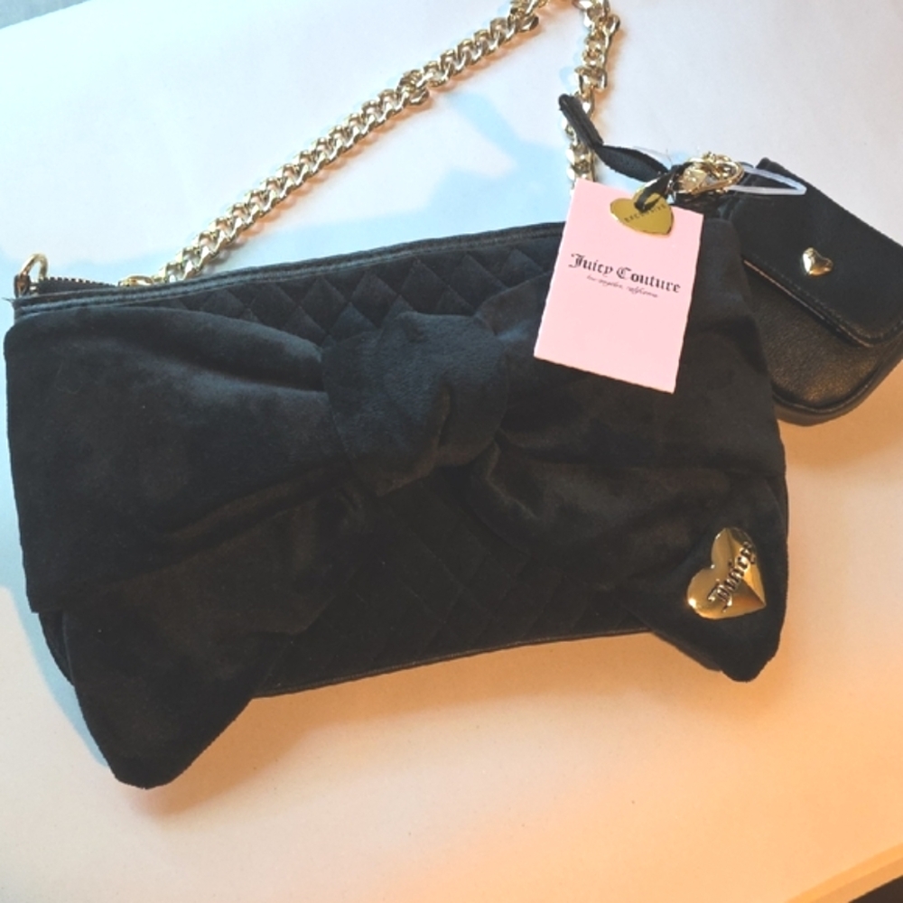 Juicy Couture Black Velour Quilted Bow Bag with Gold Chain and Extra Pouch NWT